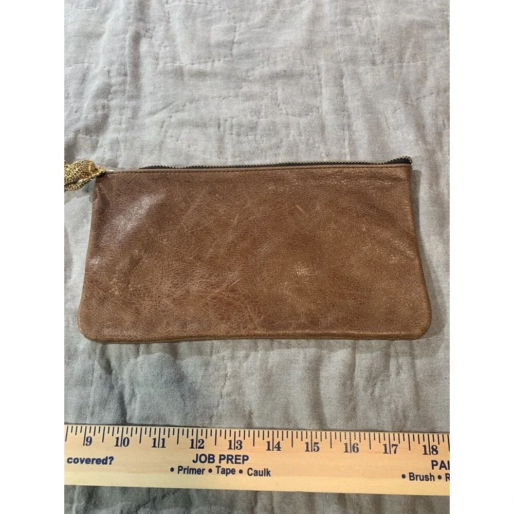 Moss Mills Anthro Brown Leather Clutch Wristlet Four Leaf Clover Charm Small
